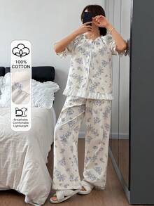 DAZY Conjunto de pijama holgado para mujer con bordado floral y ribete de volantes - Blanco - Ver 3