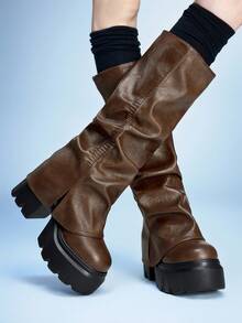 Sugerpunk 女士高跟凉鞋~ 2026 新款时尚秋冬朋克风深色 PU 高跟粗跟卡其色高筒裤靴及膝靴超高跟靴 - 卡其色 - 查看 2