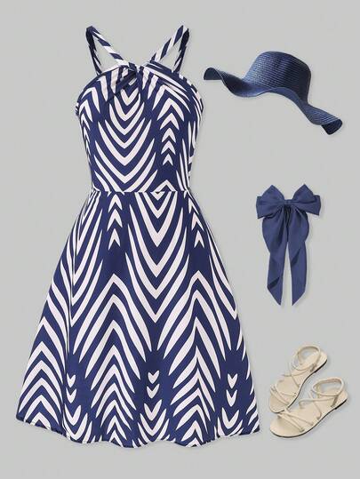 SHEIN ChillGRL Teen Girl 1 Piece European And American Fashion Elegant Halter Printed Cinched Waist Dress, Summer Elegant Wedding Guest