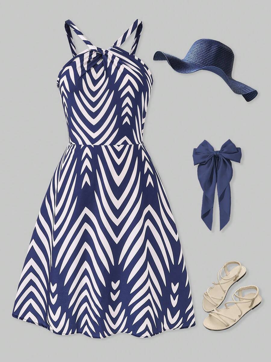 SHEIN ChillGRL 少女款欧美风优雅吊带印花收腰连衣裙，夏季优雅婚礼宾客装扮 - 藍色 - 查看 1