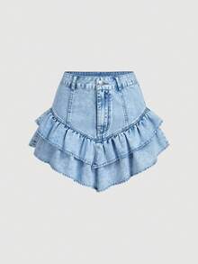 Sweetra 女士休闲荷叶边牛仔迷你裙 - 藍色 - 查看 1