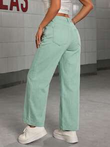 SHEIN PETITE Jeans anchos y sueltos con bolsillos, versátiles y casuales para mujer - Verde - Ver 2