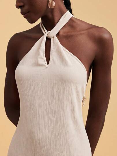 Travachic 2026新款女士优雅露背吊带贝壳装饰迷你连衣裙，度假风