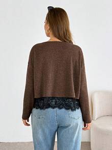 SHEIN Essnce Plus-Size Women's Elegant Black Autumn Tea Party Brown Long-Sleeved Top,Fashionable Casual Loose Comfortable Lace-Trimmed V-Neck Pullover T-Shirt - Brown - View 2