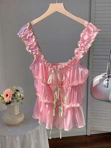 Comfortcana Women's Cute Ruffle Tie Strap Camisole Top For Summer Pink Summer Top Pink Ruffle Top Pink Top - Multicolor - View 3