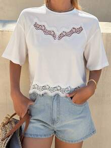 DAZY 女士撞色蕾丝休闲短袖圆领夏季上衣 - 白色 - 查看 1