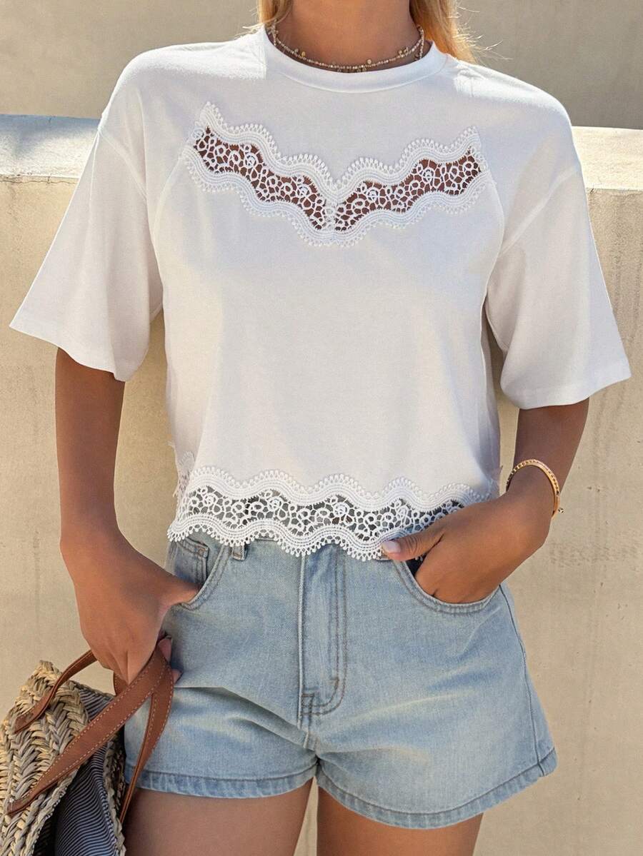 DAZY 女士撞色蕾丝休闲短袖圆领夏季上衣 - 白色 - 查看 1