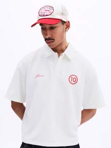 SUMWON Men's Boxy Fit Collared Polo Shirt With Embroidered Logo Chest Print Short Sleeve Casual Summer Top - Apricot - View 5