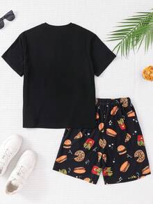 SHEIN 2pcs Tween Boy Casual Minimalist Round Neck Short Sleeve T-Shirt And Hamburger Print Loose Pajama Pants 2 Pieces Sleepwear Set - Multicolor - View 2