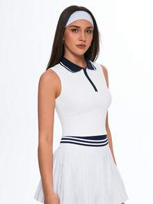 Eassivo Women's White Sleeveless Polo Crop Top, Contrast Navy Collar Zip Up Sports Shirt, Fitted Athletic Tank Top For Tennis Golf Gym, Casual Preppy Style Activewear,Tennis Polo - White - View 6