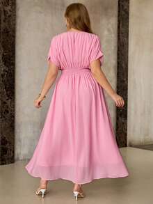 Roveilla 大码女士雪纺罗纹针织弹力圆领落肩连衣裙，腰部褶皱设计，A字裙摆，百褶下摆，优雅复古法式浪漫休闲海滩度假街头风，春夏新款 - 粉色 - 查看 2