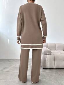EURMUSE Women's Color Block Detailing Long Sleeve Sweater And Knitted Pants Set - Dusty Pink - View 3