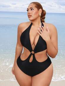 Swim Vcay بدلة سباحة قطعة واحدة للمرأة ذات الحجم الكبير، بتصميم ظهر مفتوح وأشرطة كتف مفرغة وحلقات زخرفية، بلون أحادي جذاب وجريء - الأسود - مشاهدة 6