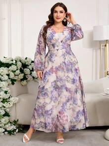 Reflora 大码优雅印花灯笼袖连衣裙 - 淡紫色 - 查看 6