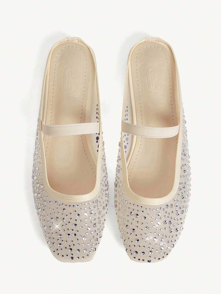 CUCCOO CHICEST Women Shoes Summer And Summer Fashion Beige Full Diamond Mesh Elastic Band Women Flat Mule Shoes Elegant When Comfortable And Cute Sweet Women Flat Shoes Half Slippers Wedding Shoes Summer Shoes Bride Shoes