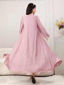 Yasmyna 纯色拼接刺绣花卉饰边粉色长袍，配头巾 - 粉色 - 查看 5