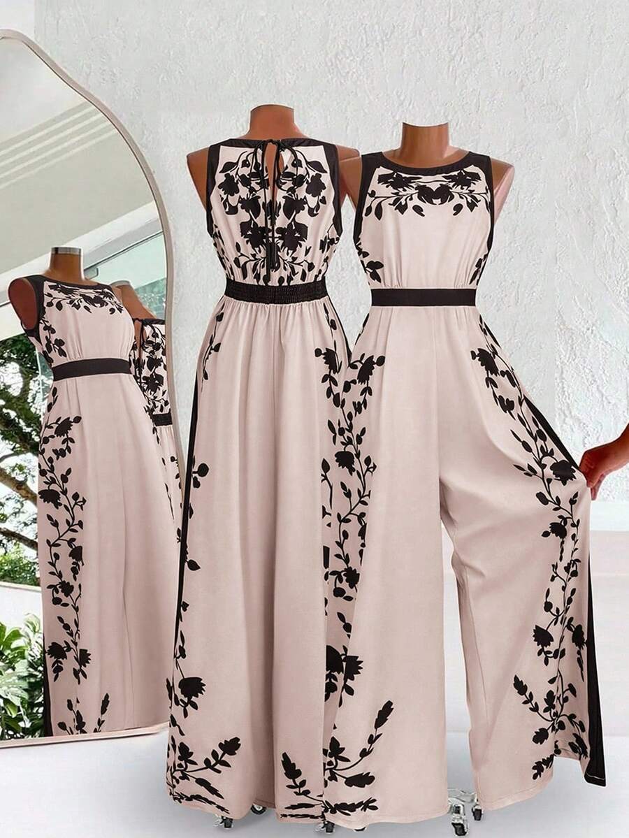 Ellevyn Bộ jumpsuit nữ thanh lịch hở lưng, dáng rộng, in họa tiết phối màu, thích hợp cho kỳ nghỉ. - Hồng - Xem 1