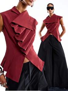 LYSMO 女士纯色荷叶边无袖时尚衬衫 - 酒紅色 - 查看 1