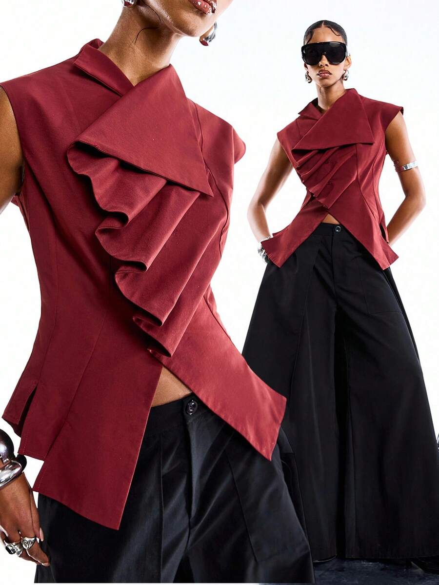 LYSMO 女士纯色荷叶边无袖时尚衬衫 - 酒紅色 - 查看 1