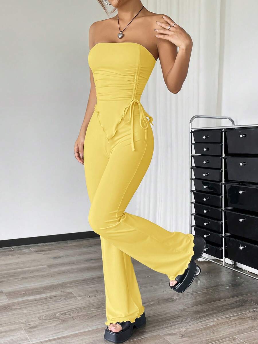 SHEIN EZwear 2件套 女士春夏针织褶皱抹胸上衣和喇叭裤套装 - 鵝黃色 - 查看 1