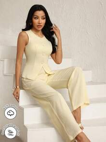 Modelyn Fashionable & Elegant Commuting Sleeveless Blazer Vest And Wide Leg Pants Suit - Light Yellow - View 3