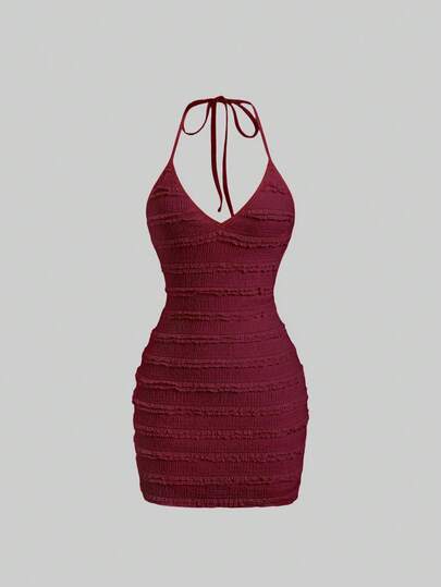 Sweetra Sweet Knitted Texture Frill Trim Open Back Lightweight Vacation Tie Strap Mini Dress For Women, Spring/Summer