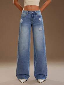 TRNVIE 时尚休闲破洞低腰直筒牛仔裤 - 淺色水洗藍 - 查看 5