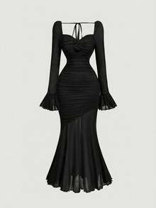 SHEIN MOD Đầm đuôi cá tay chuông màu đỏ cỡ lớn dành cho nữ, trang phục sinh nhật cho nữ, phong cách cổ điển, thập niên 2000, Fairycore, lễ hội, Gothic, đầm dự tiệc cưới cho nữ, đầm sinh nhật cho nữ, đầm dự tiệc cho nữ, Fairycore, đầm đi chơi, đầm dự tiệc cưới mùa thu. - màu đen - Xem 5