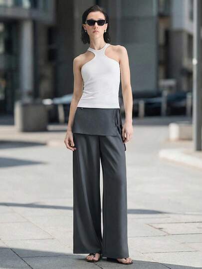 Ontre 2026SS New Women's Suit Pants, Solid Gray Color, Layered Design, Knotted Fashionable And Versatile Bestselling Women's Suit Pants, Suitable For Wedding Season, Wedding Guests, Holiday Parties, Romantic Valentine's Day, Wide-Leg Trousers, Designed, Loose Fit, Spring/Summer, Women's Office Wear, Women's Casual Outfits, Casual, Spring/Summer Women's Clothing, Independence Day, Urban Chic, Minimalist Stylish Commuter Women's Suit Pants