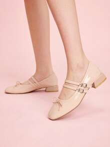 CUCCOO DOLLMOD Ladies Square Toe Elegant Classic Vintage Glossy Bow Decoration Double Belt Mary Jane Flats - nude - View 3