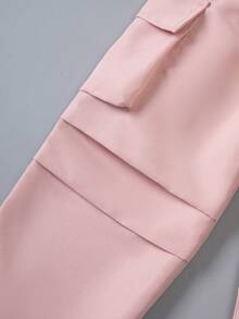 SHEIN Casuvi Kids 两件套女童针织白色短袖T恤和蓝色针织亮片蝴蝶结工装裤，时尚夏季套装 - 粉色 - 查看 5