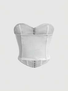 SHEIN MOD Plus Size Women Red Date Night Fishbone Tight Corset Solid PU Leather Tube Top - Silver - View 2