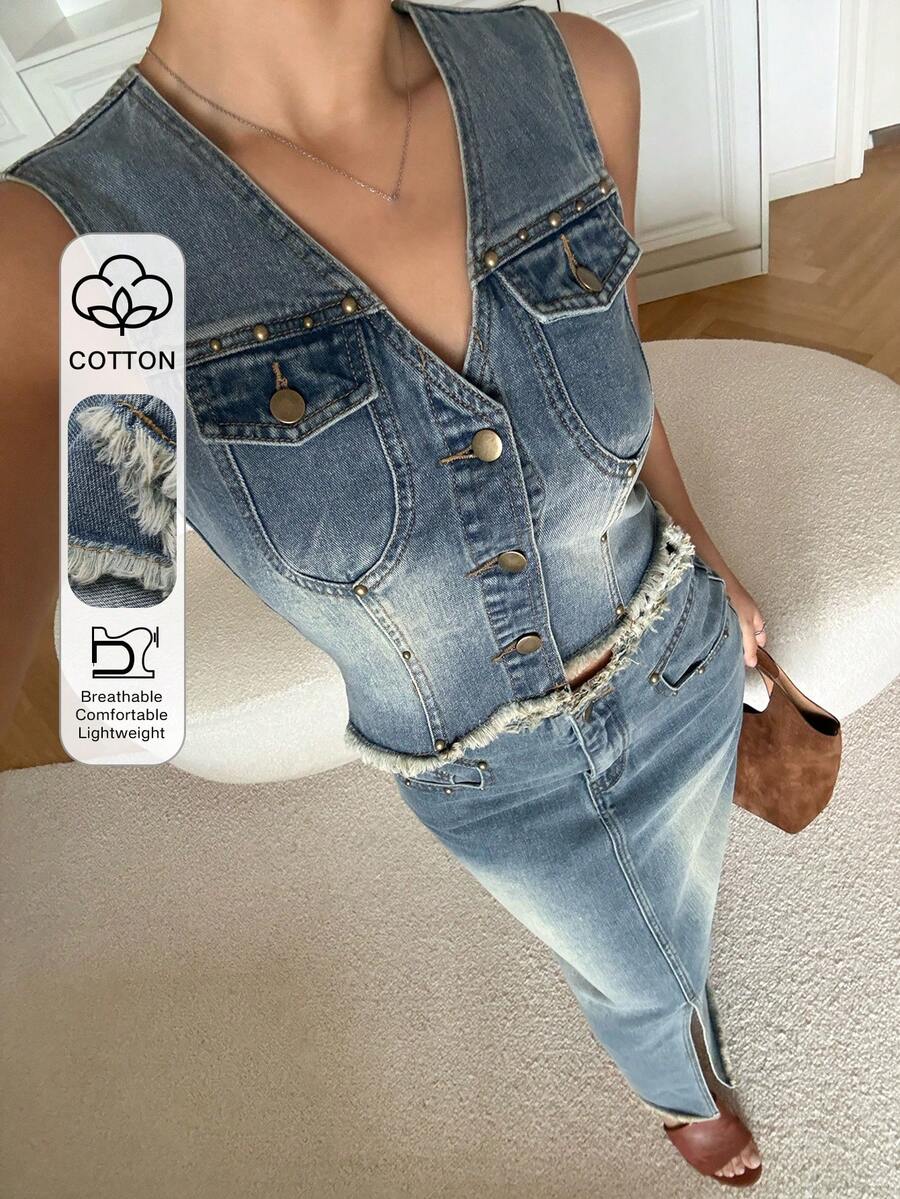 DAZY 女士休闲水洗牛仔背心和迷你裙套装，夏季 - 中等水洗藍 - 查看 1