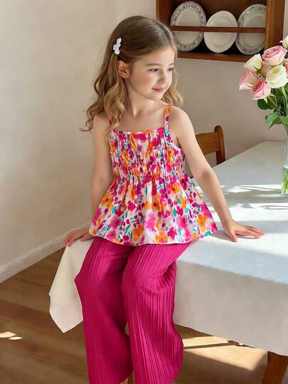 SHEIN Young Girl' Cute Floral Print Plaid Camisole And Wide Leg Pants Set, Suitable For Casual Daily And Holiday Wear