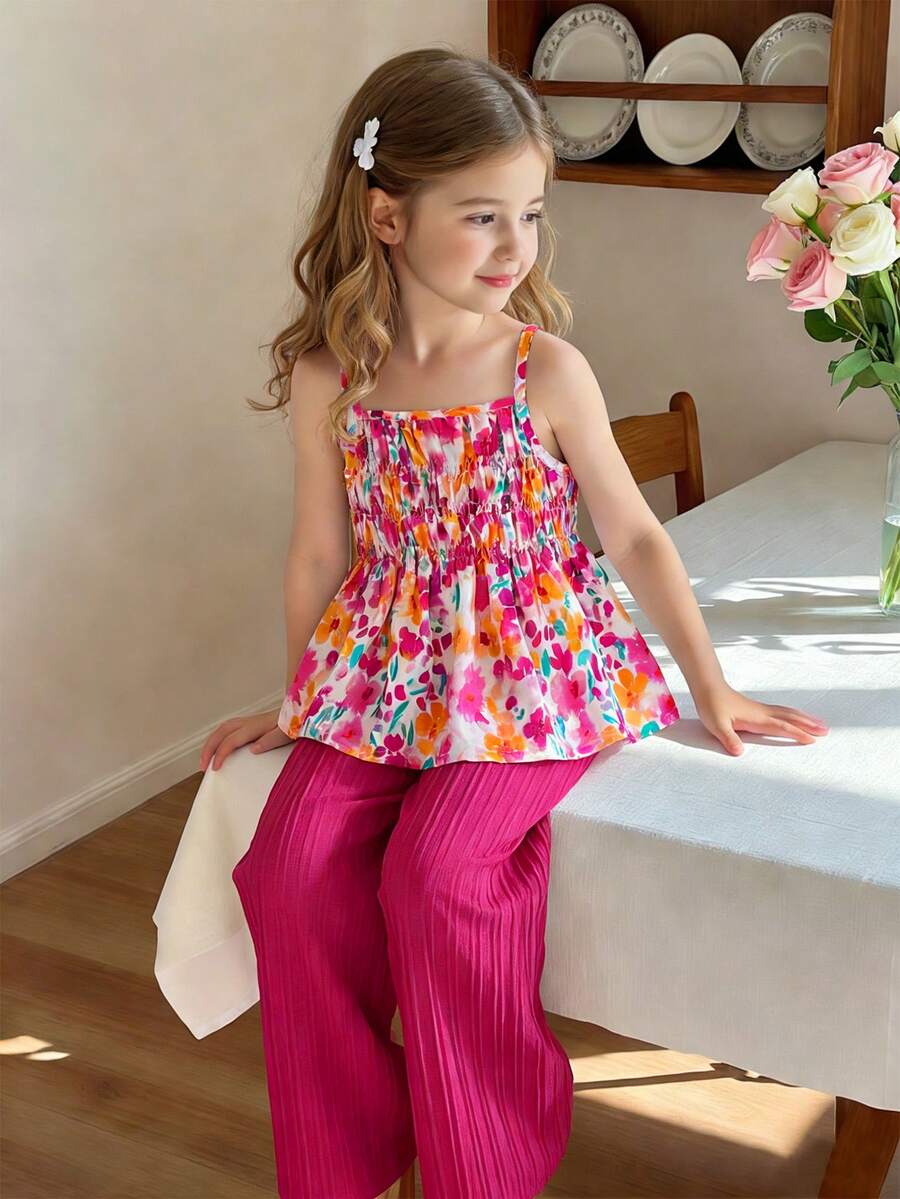 SHEIN Elladie kids 小女孩可爱印花格子吊带背心和阔腿裤套装，适合日常休闲和假日穿着。 - 粉色 - 查看 1