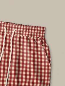 INAWLY Women's Bow Print Round Neck Short Sleeve T-Shirt And Plaid Drawstring Waist Pants Casual Suit - Red and White - View 5