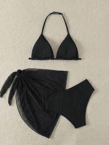 SHEIN Bộ đồ bơi 3 mảnh dành cho thiếu nữ: Áo bikini họa tiết hoa nhí, quần bikini và chân váy buộc dây phía trước màu xanh dương và trắng. - màu đen - Xem 2