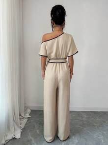 Rafferiza Casual Vacation Asymmetric-Shoulder Textured Soft Elastic Waist Comfortable Flared Leg Pants, Khaki, Spring/Summer - Khaki - View 2