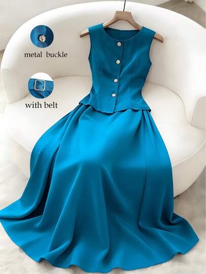 Franclia Women's Elegant Commuter Casual Office Versatile Round Neck Sleeveless Vest Top Paired With Ruffle Hem Skirt, Glossy Satin 2-Piece Set, Suitable For Spring/Summer, Formal Office Outfit