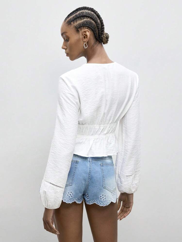 SHEIN Maija Women's Casual White Blouse,Autumn Boho Vacation Holiday,Front Tie Ruffle Hem Water-Soluble Lace Patchwork Top,Summer Spring St Patrick's Day Beach