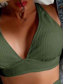 Swim Basics Conjunto de traje de baño minimalista de un solo color para uso diario de mujer - Verde militar - Ver 4