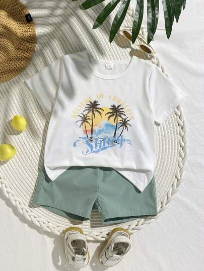 Playful Pals Toddler Boys' Casual Vacation Round Neck Front Print Elastic Waist Short Sleeve Shorts Set, Summer