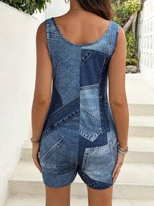 SHEIN 孕妇宽松连体裤，圆领，斜插口袋，全身印花，无袖 - 藍色 - 查看 2