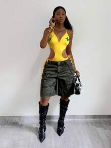 StreetHx 街头风女式系带镂空印花连体衣，夏季 - 黃色 - 查看 3