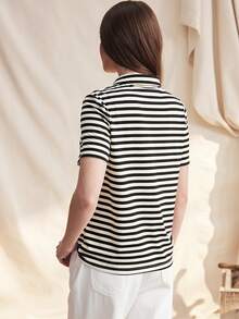 Zovinel New Striped Casual Women's Polo Collar Short Sleeve T-Shirt, Spring/Summer - Black and White - View 2