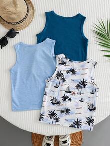 SHEIN 3pcs/Set Young Boy Casual Vacation Style Coconut Tree Print Sleeveless Loose Knit Tank Top Set, Suitable For School, Vacation, Spring & Summer - Blue - View 2
