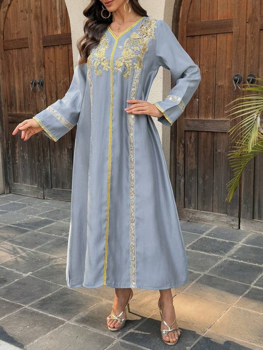 DAZY Women's V-Neck Patchwork Loose Long Dress - Dusty Blue - View 1