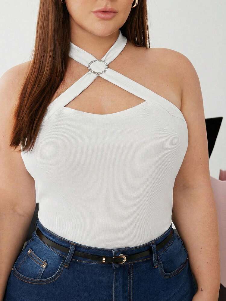 SHEIN Maija Plus Size Summer Casual Rhinestone Decor Halter Top St Patrick's Day Women Easter Summer Easter Women Party Top Beach Summer Holiday Each Vacation For Women Summer For Women Going Out Graduation Graduation Casual Casual Blouses For Women Cross Over Tops Halter Tops For Women Curve Halter Neck Top Curve