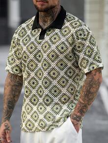 Manfinity CasualCool 男士落肩短袖半开襟撞色领休闲Polo衫，夏季，男士复古风，日常休闲，周末旅行，户外活动，探险旅行，轻松工作环境或半正式场合，男友/老公礼物，周年纪念/生日礼物，派对，夏季假期，婚礼，春夏，狂欢节，男士钩针衬衫，男士图案T恤，节日衬衫，衬衫，墨西哥衬衫 - 卡其色 - 查看 4