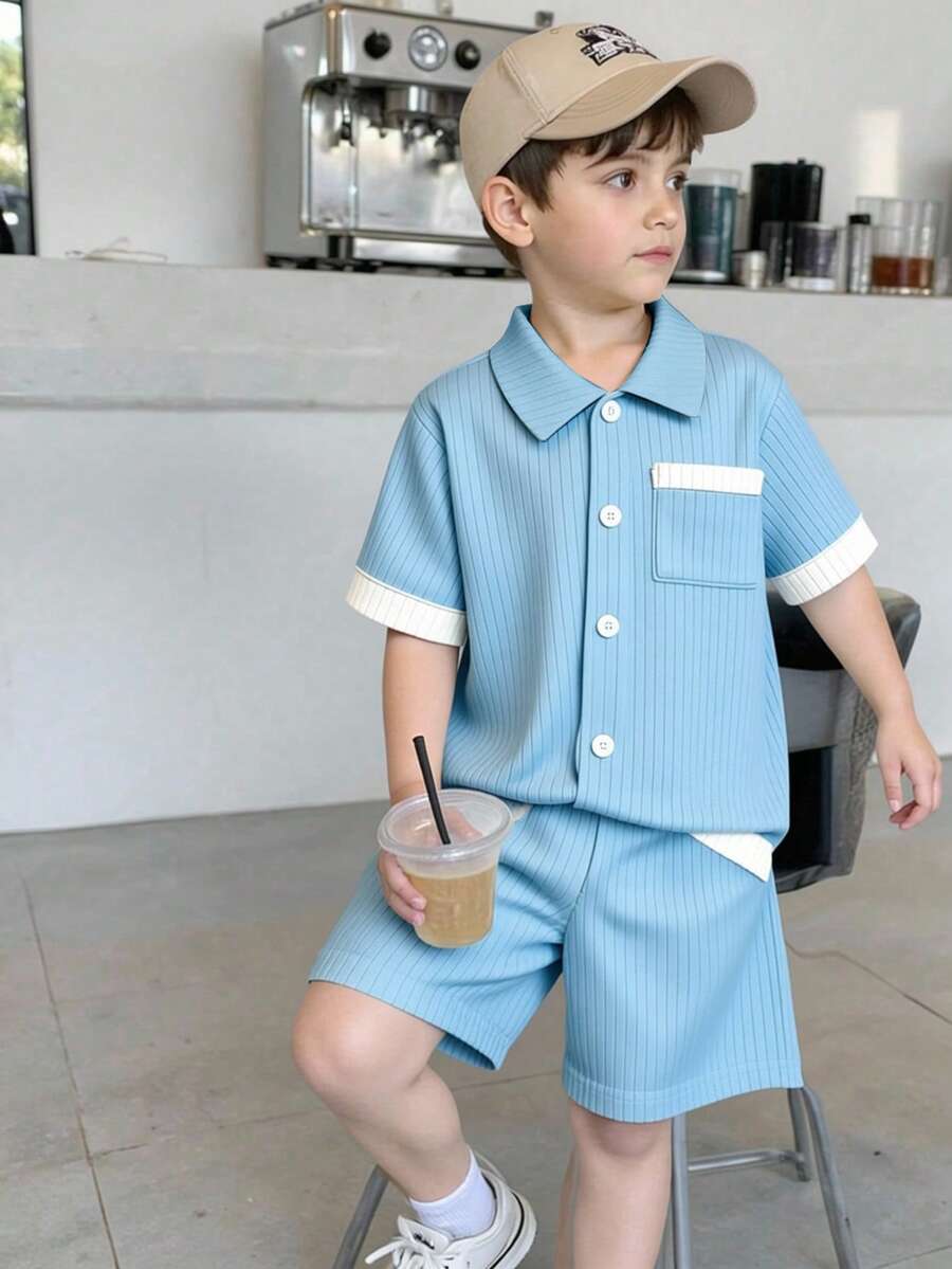 Genkimix Kids 2pcs/Set Young Boys Textured Fabric Color Block Cardigan Shirt & Shorts Set Short Sets For Boys Summer - Blue - View 1